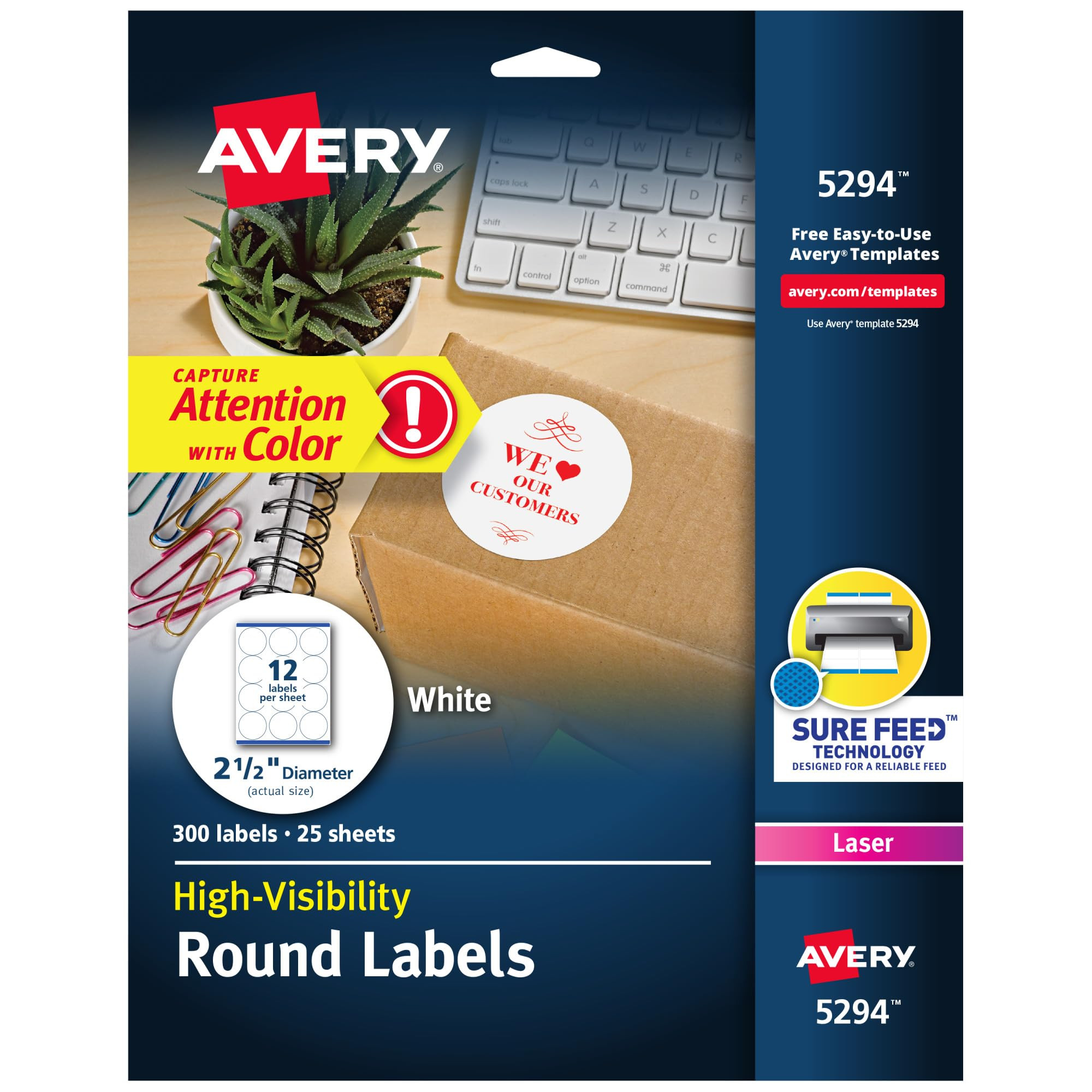 Avery Round Printable Labels, 2.5" Diameter, Matte White, Sure Feed Technology, Laser & Inkjet Co... | Amazon (US)
