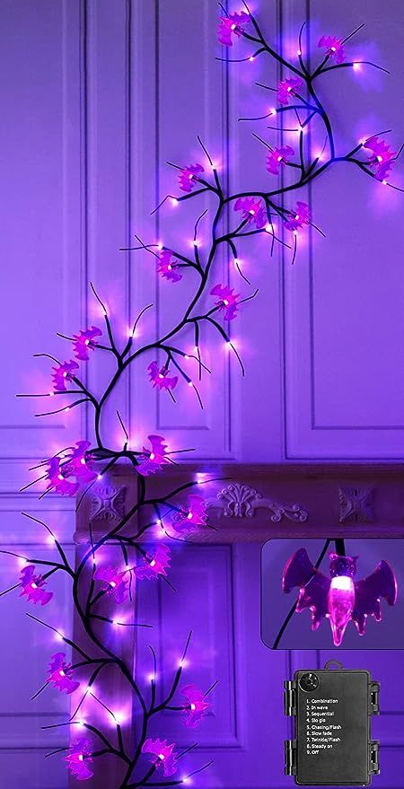 [Extra Long] 9 Ft 72 LED Halloween Willow Vine Twig Decor Garland with 24 Bats Purple Lights Time... | Amazon (US)
