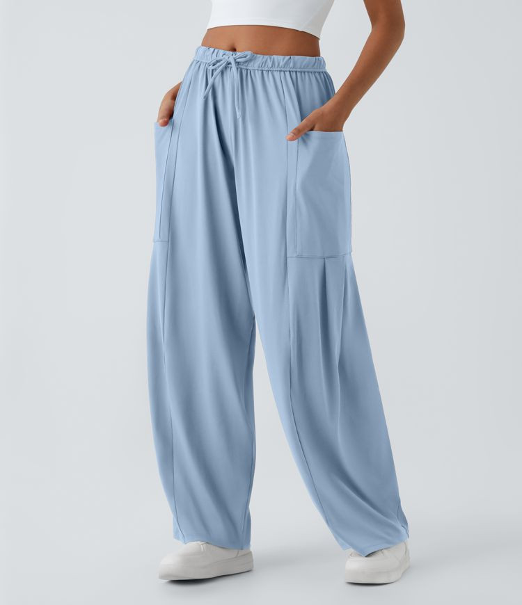 Women’s Mid Rise Elastic Waistband Drawstring Side Pocket Palazzo Flowy Wide Leg Casual Pants -... | HALARA