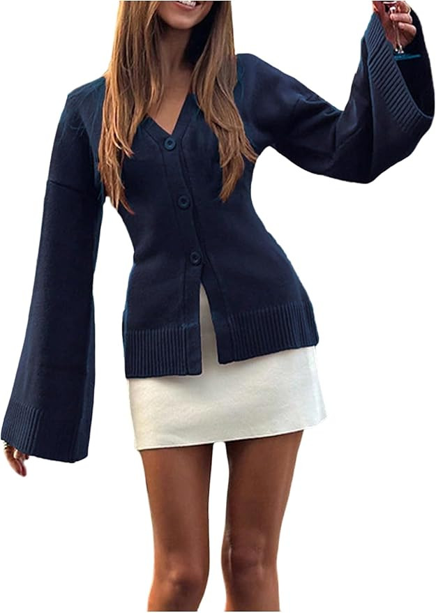MakeMeChic Women's Y2K Long Bell Sleeve Cardigans Sweater V Neck Button Down Open Front Knit Fall... | Amazon (US)