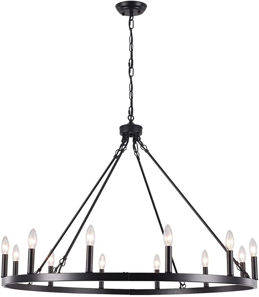 SJCCDSGS Black Wagon Wheel Chandelier Diam 38'', Vintage Farmhouse Chandelier Candle Round Pendan... | Amazon (US)