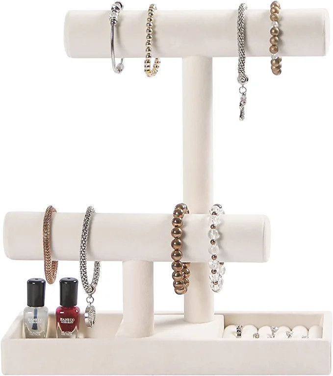Pengup 2 Tier Jewelry Organizer Holder,Bracelet Necklace Stand with Rings Tray,Beige Velvet Jewel... | Amazon (US)
