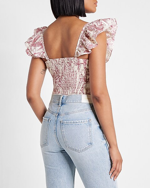 Printed Poplin Ruffle Sleeve Thong Bodysuit | Express