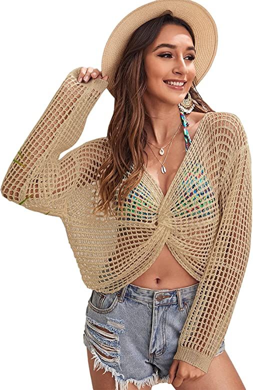 Romwe Women's Fishnet Mesh Swimsuti Cover Up Twist Front V Neck Beachwear | Amazon (US)