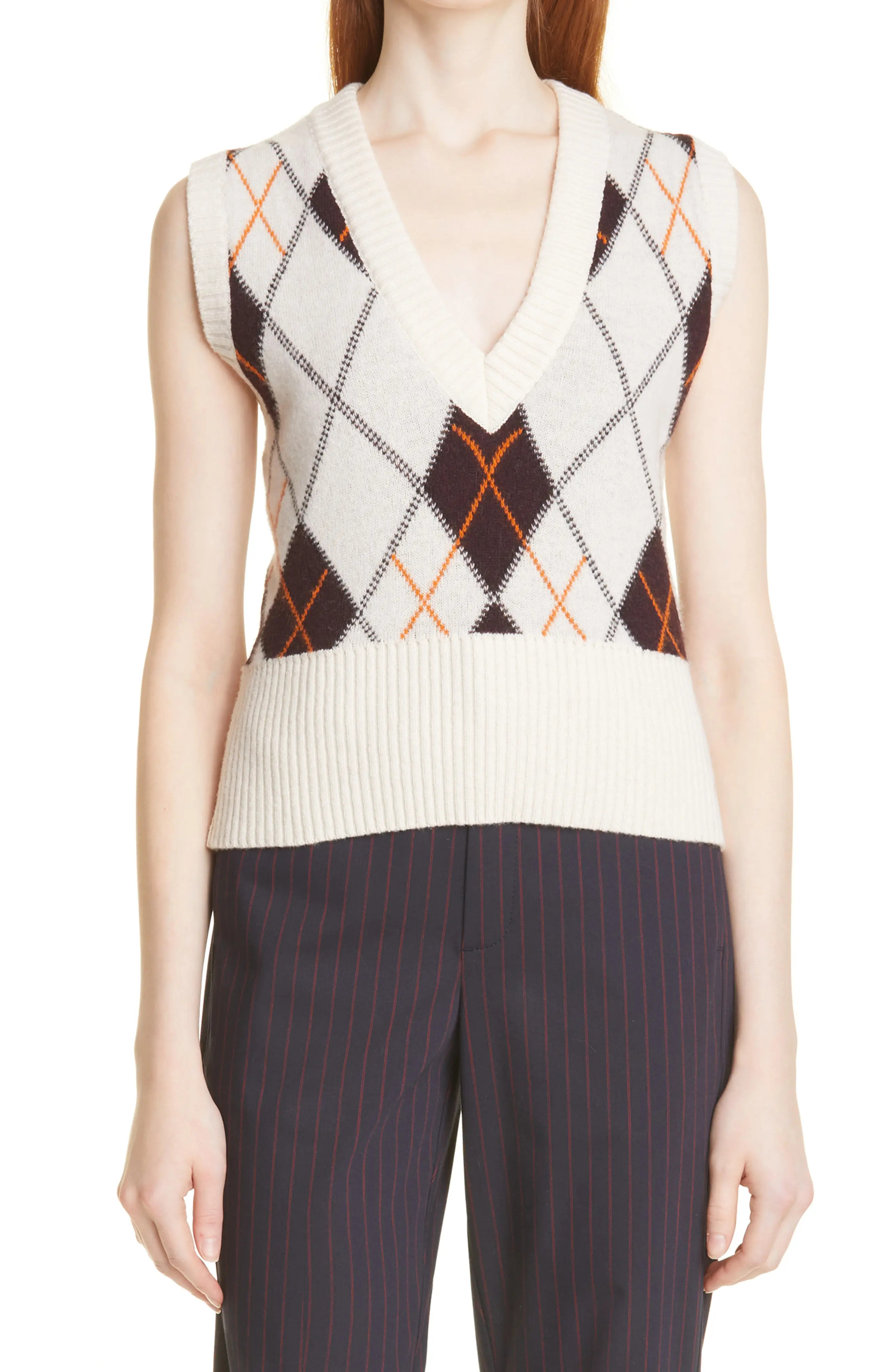 Ganni Harlequin Argyle Recycled Wool Blend Sweater Vest in Egret at Nordstrom, Size Xx-Small | Nordstrom