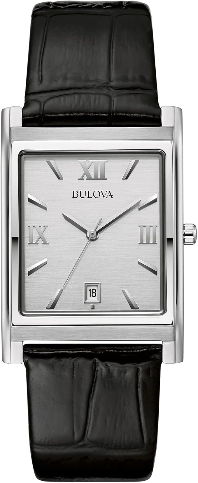 Bulova Men's Stainless Steel 3-Hand Calendar Date Quartz Watch with Black Leather Strap, Rectangl... | Amazon (US)