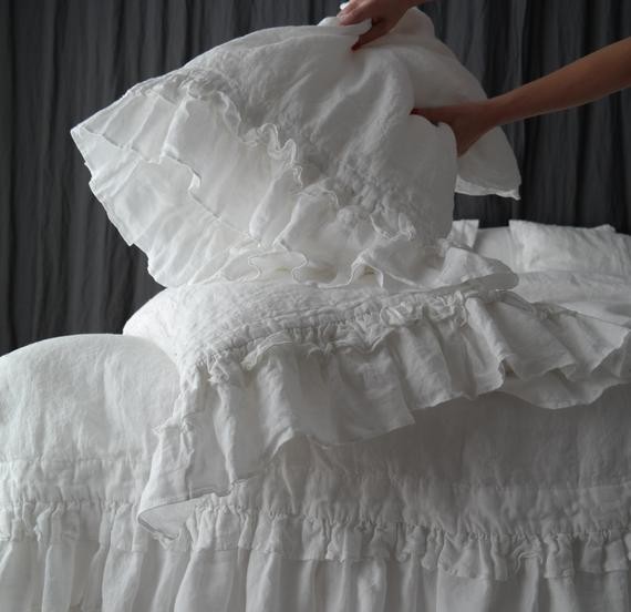 LINEN DUVET COVER. Rustic style ruffled duvet cover and pillowcases. France linen bedding set. Softe | Etsy (US)