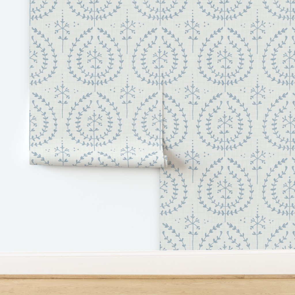 Wallpaper in (L) French Farmhouse Botanical Teardrop Wreath - Coastal Dusty Blue Ivory | Spoonflower