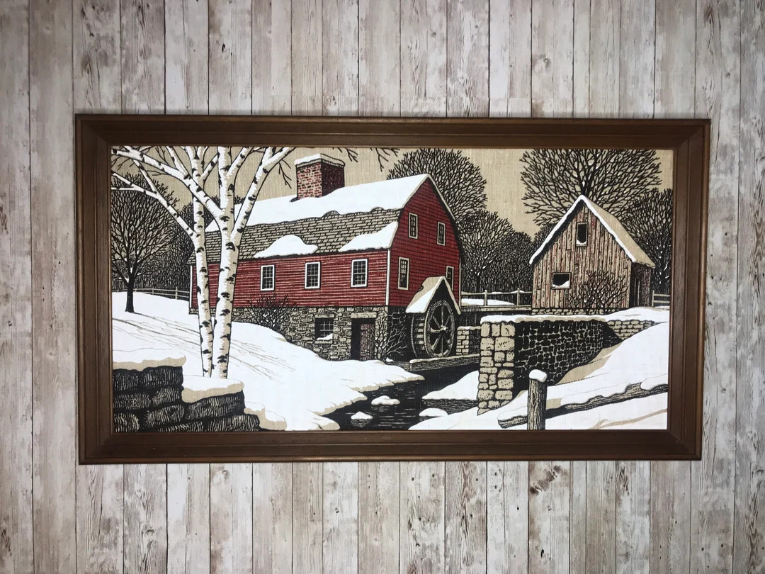 Vintage Kay Dee Linen Red Barn Farmhouse Snowy Winter Scene Framed Art 33 x 18 Inch Ready to Hang... | Etsy (US)
