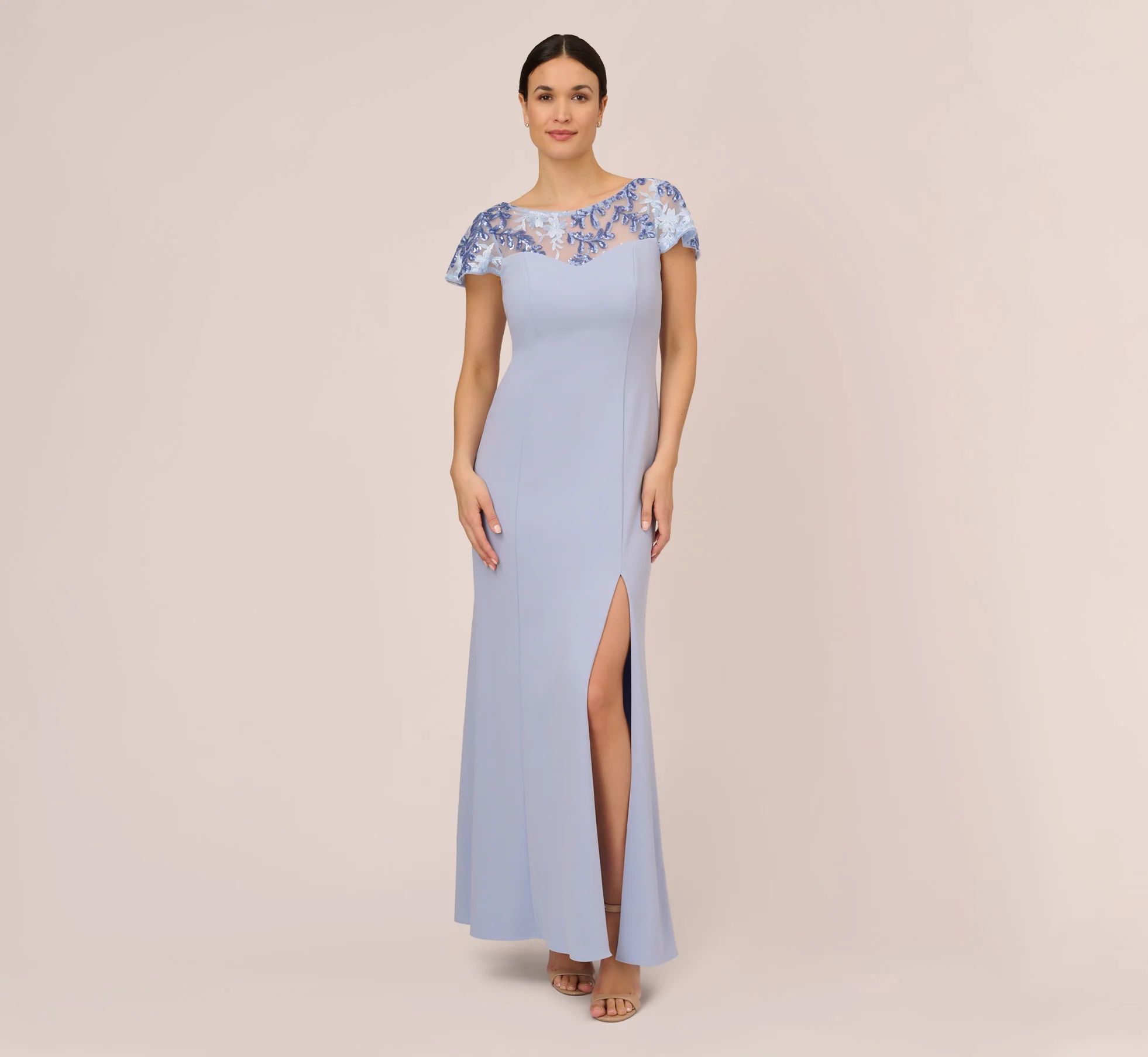 Short Sleeve Crepe Gown With Sheer Sequin Floral Neckline In Blue Breeze | Adrianna Papell