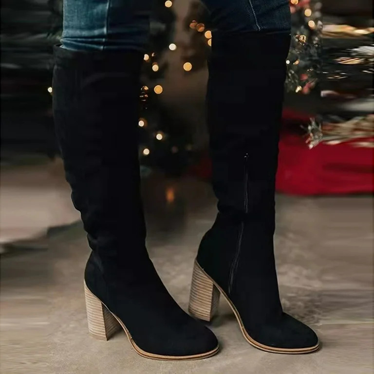 Women Suede Boots for Winter Over Knee Long Boots with Thick Heel Easy to Put on Fashionable  Bla... | Walmart (US)