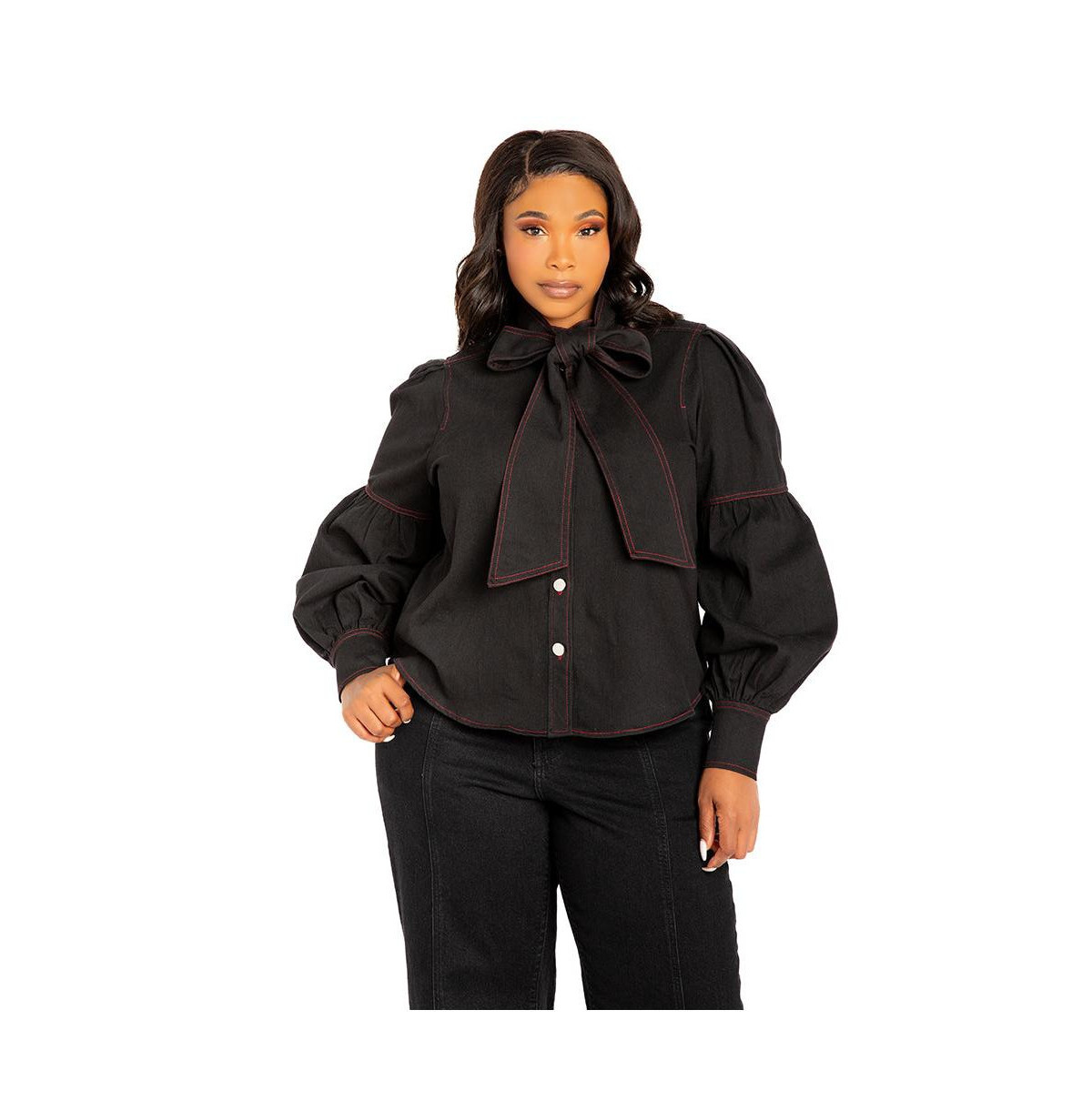 Buxom Couture Women's Plus Size Bow Neck Puff Sleeve Denim Blouse - Denim black | Macy's