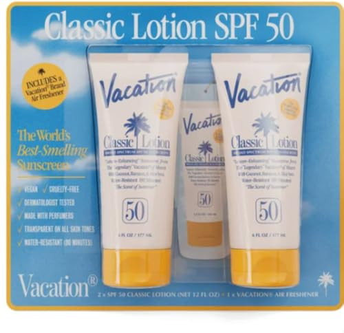 Vacation Classic Lotion Broad Spectrum SPF 50, Dermatologist Tested, Light Weight, Transparent on all skin tones, Pack of 2 each contain 6 FL OZ Plus Vacation Brand Air Freshener | Amazon (US)