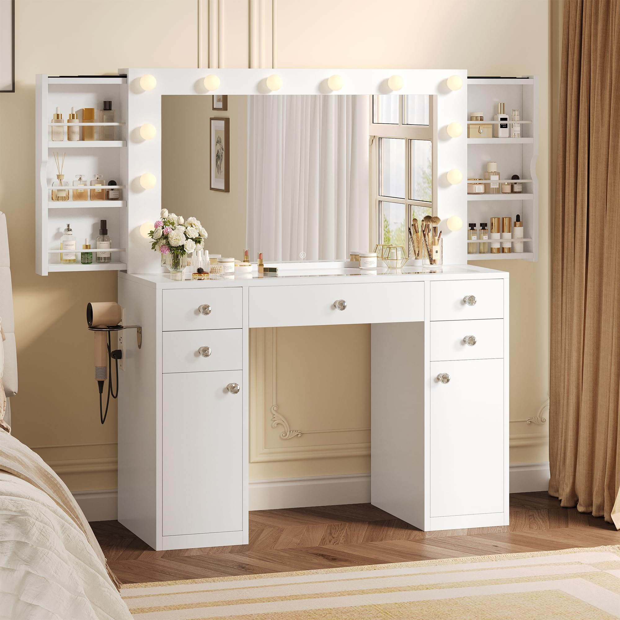 iPormis Vanity Desk, 43'' Makeup Vanity with Mirror and 12 Led Lights, 3 Lighting Modes, 4 Drawer... | Amazon (US)