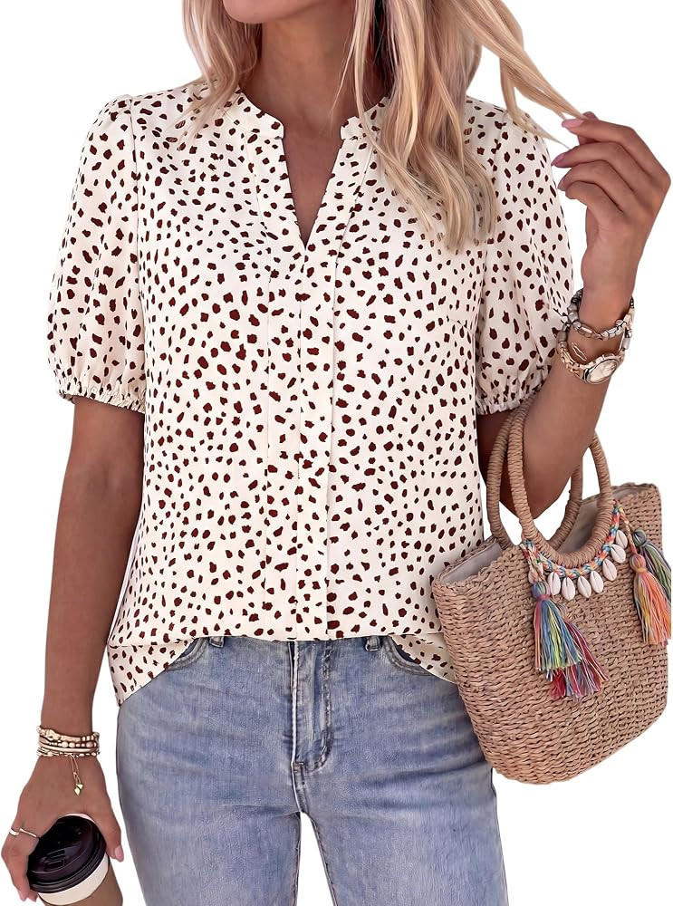 BTFBM Womens Tops 2026 Summer Casual Loose Puff Sleeve V Neck Floral Satin Work Blouse Dressy T S... | Amazon (US)