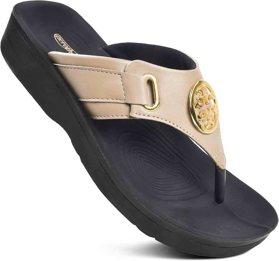 AEROTHOTIC Arch Support Flip Flops for Women Comfortable Orthopedic Footbed with Faux Leather Buc... | Amazon (US)