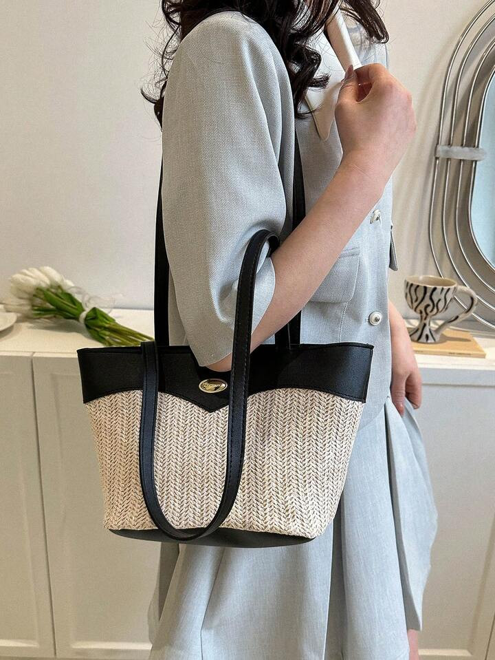 Bolsa de mimbre pequeño de color combinado doble asa vacación estilo | SHEIN