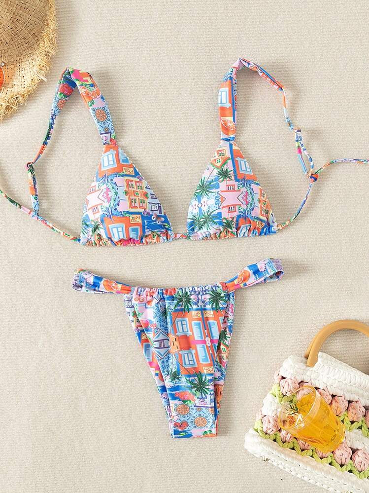 SHEIN Swim Summer Beach Women's Palm Tree Printed Swimwear Set Carnival | SHEIN