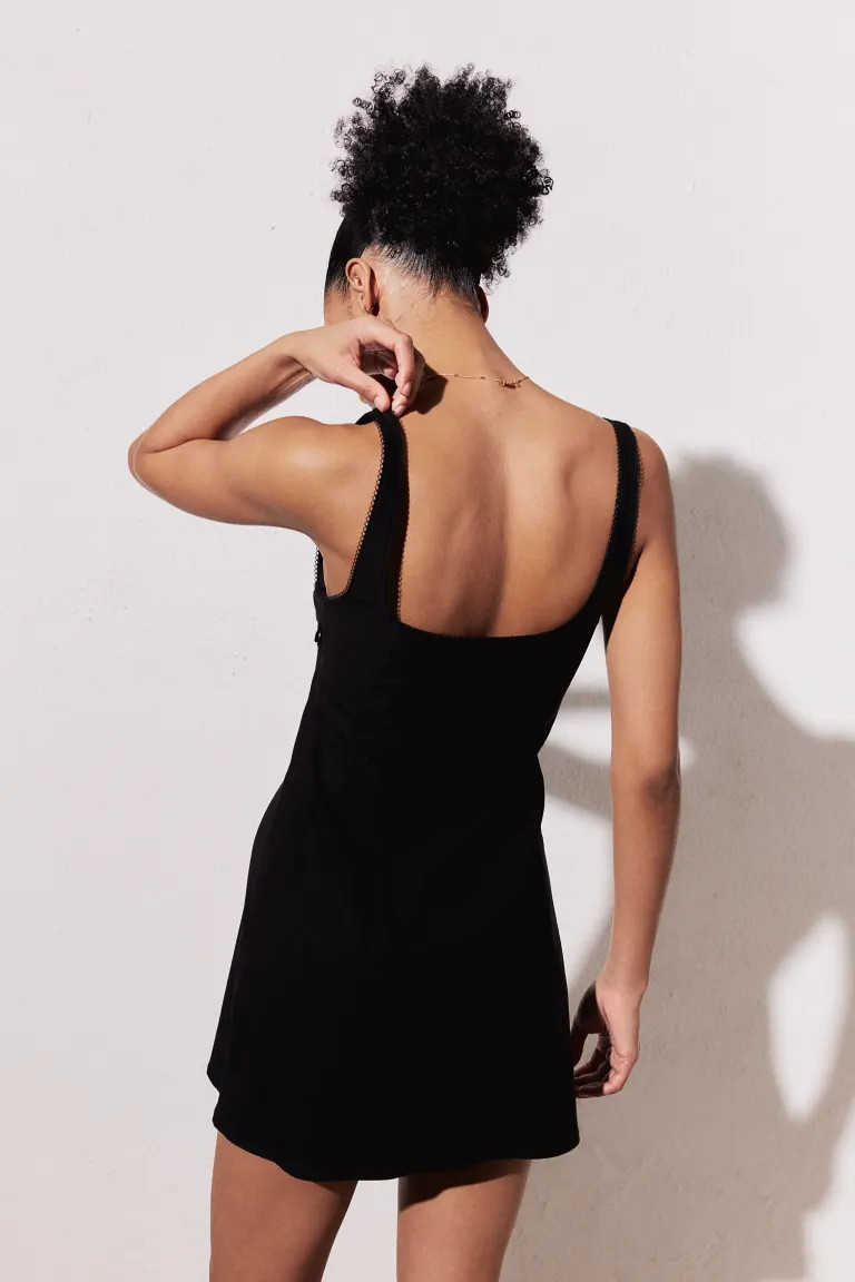 Picot-trimmed Jersey Dress - Square Neckline - Sleeveless - Cream - Ladies | H&M US | H&M (US + CA)