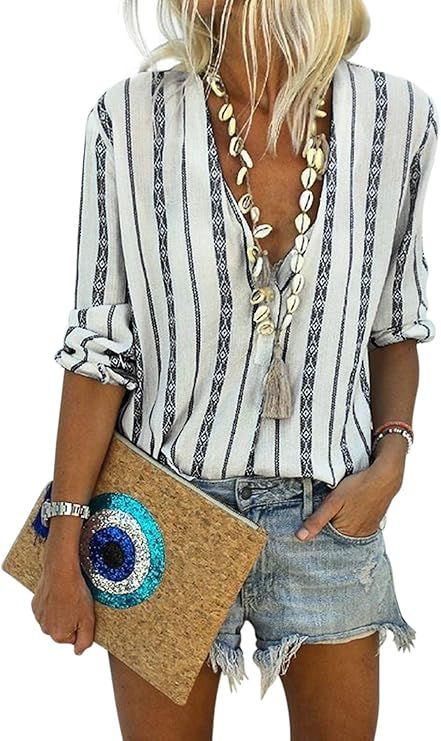 Astylish Women V Neck Striped Roll up Sleeve Button Down Blouses Tops | Amazon (US)