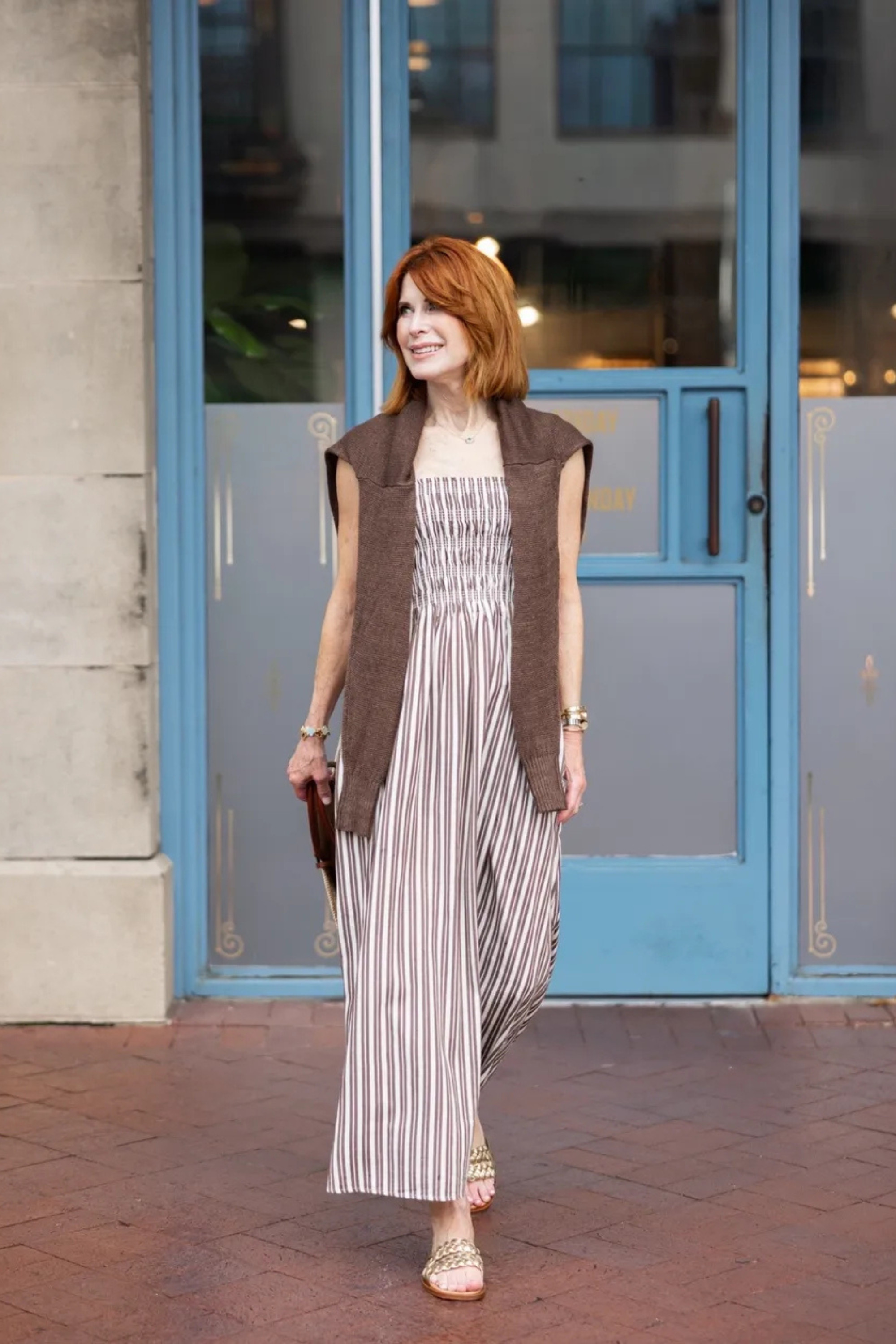 This brown and white striped maxi dress is perfect for hot summer days, and the linen sweater makes it practical for restaurants, travel, or cool evenings. Easy, polished, and so wearable. #SummerOutfits #VacationStyle #SummerDresses
 

 

#LTKootd #LTKOver40