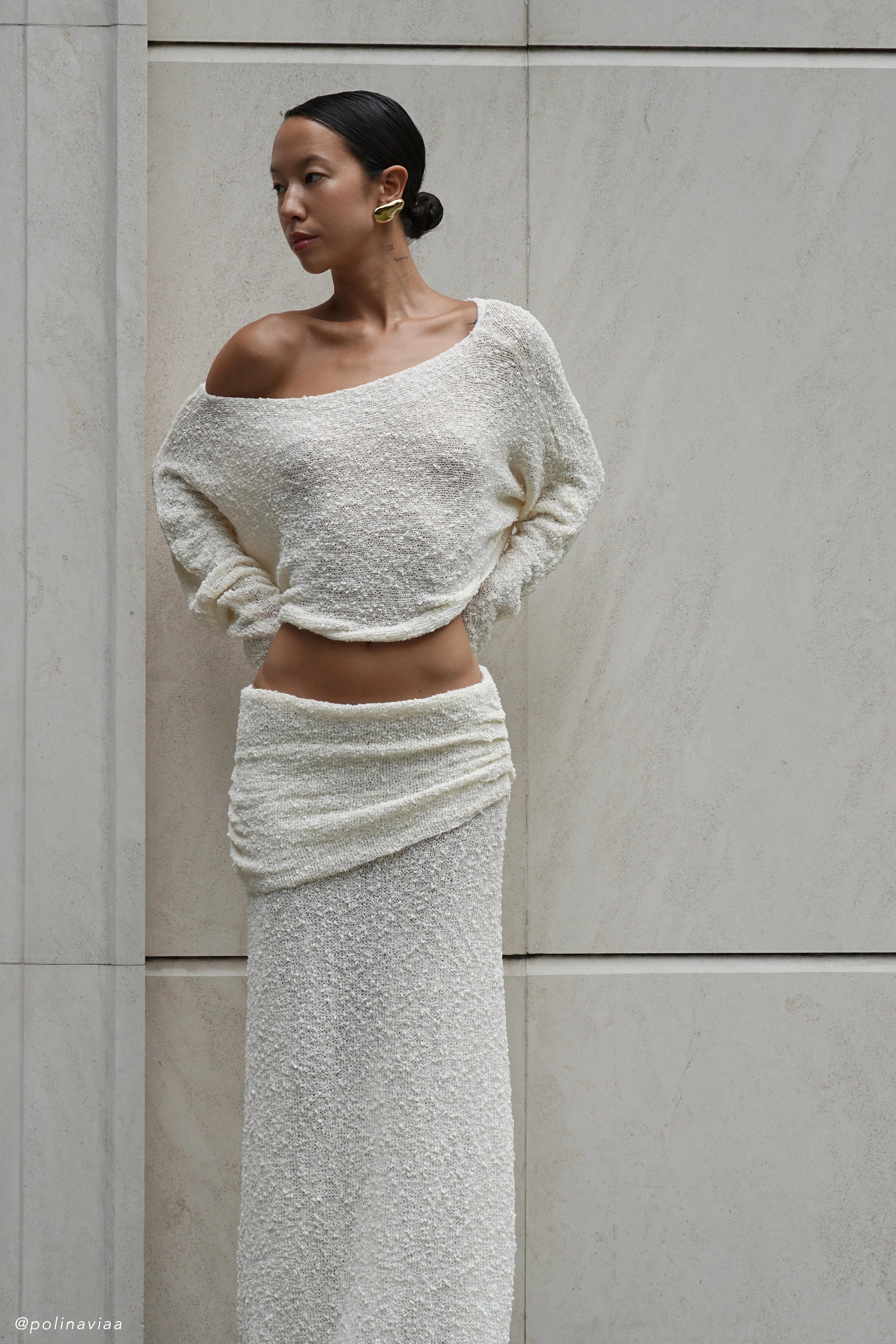 Petra Ruched Knit Maxi Skirt - Ivory | MESHKI US
