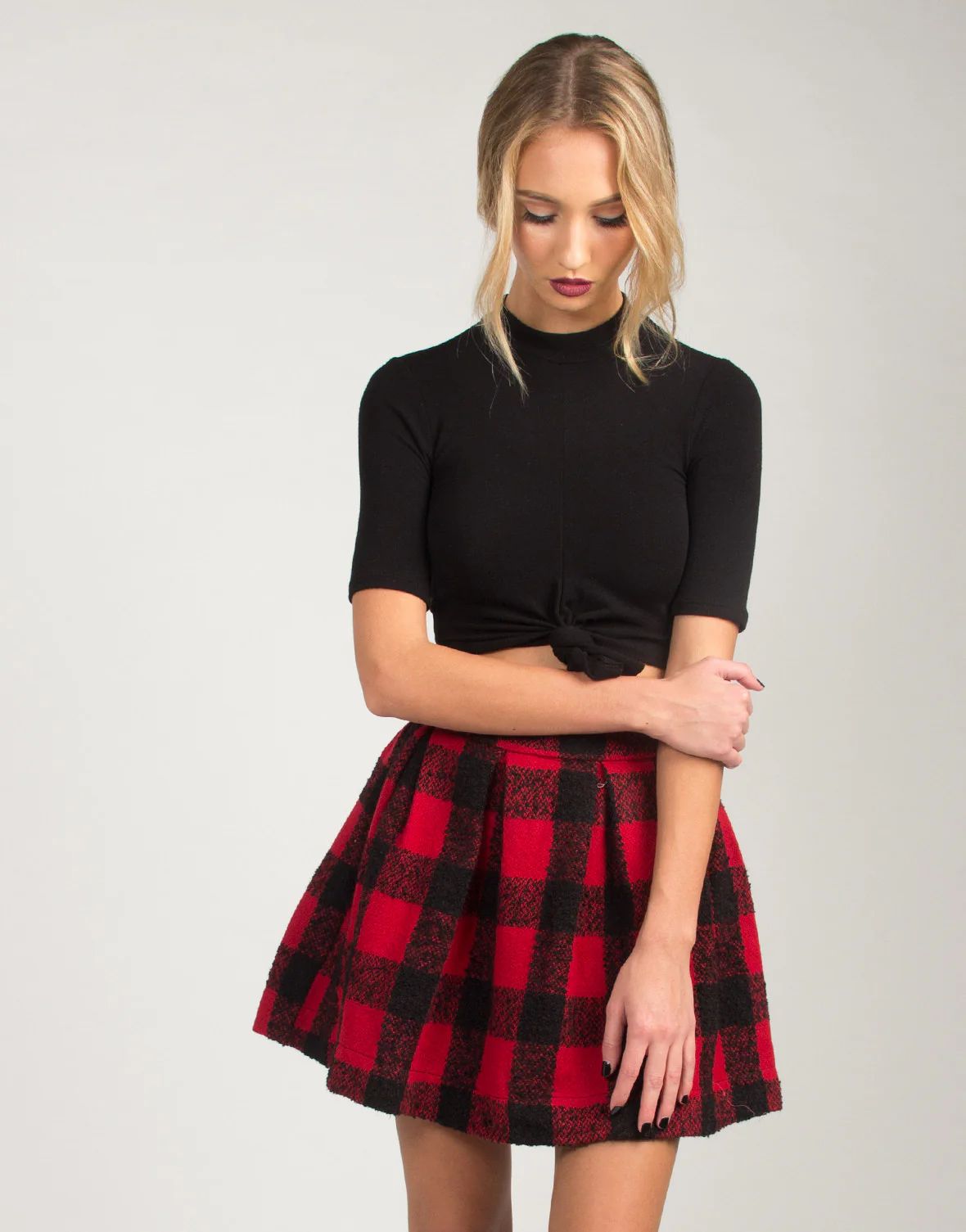 Checkered Flared Skirt - Red | 2020ave.com