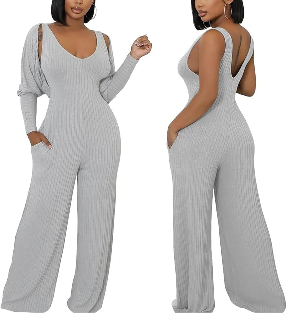 Women's Casual 2 Piece Outfits Ribbed Knitted Batwing Long Sleeve Cardigan Tank Wide Leg Jumpsuit... | Amazon (US)