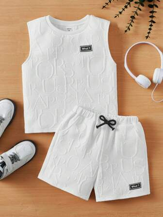 SHEIN Kids EVRYDAY Young Boy Letter Patched Detail Tank Top & Drawstring Waist Shorts | SHEIN