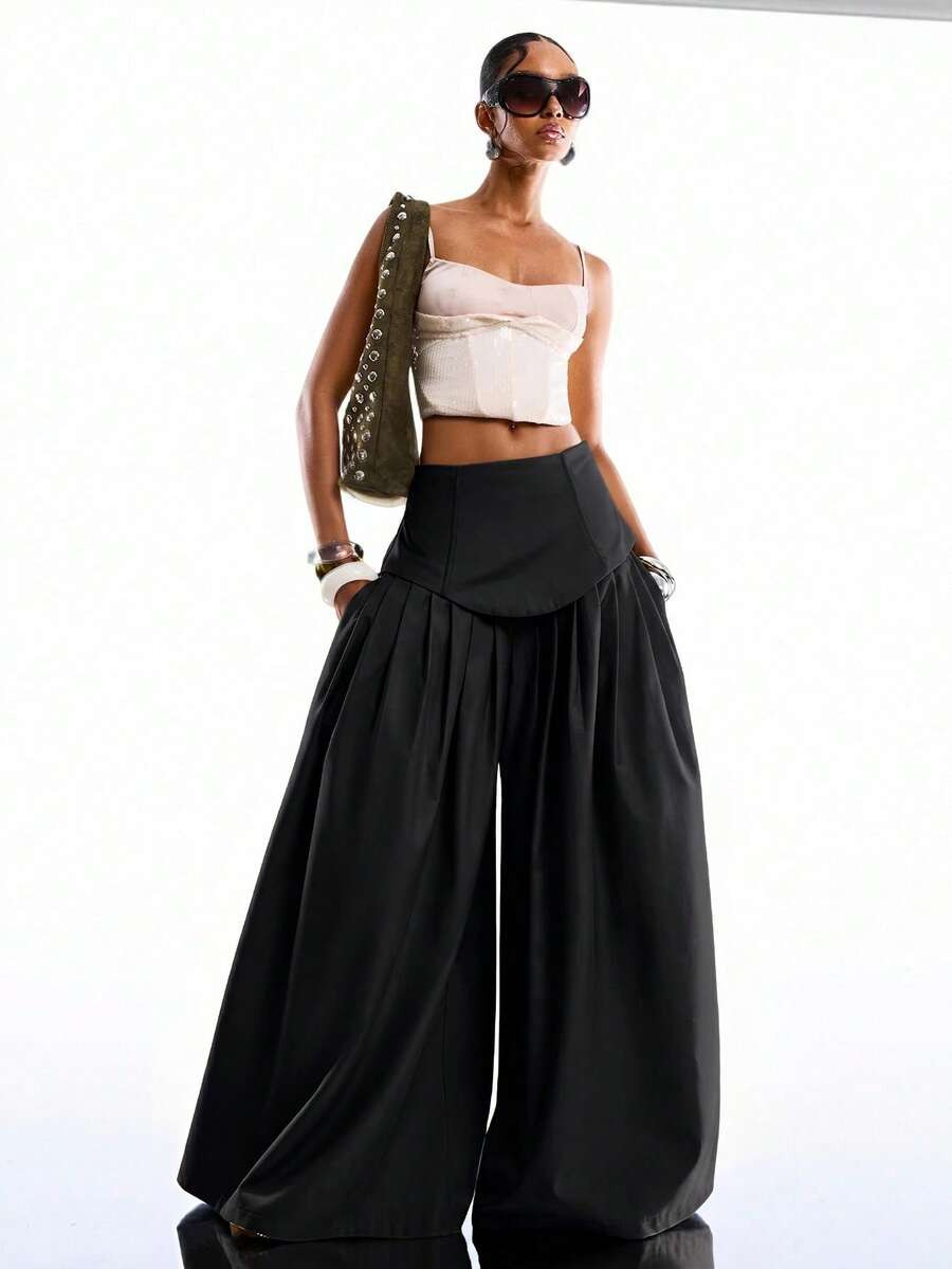 LYSMO 2026 New Minimalist Street Style Y2k Summer/New Solid Black Pleated Wide-Leg Pants, Suitabl... | SHEIN