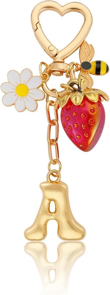 Initial Keychain for Women Bubble Initial Letter Bag Charms with Strawberry Bee Daisy, Purse Hand... | Amazon (US)