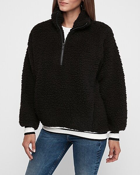 varsity stripe sherpa quarter zip sweatshirt | Express
