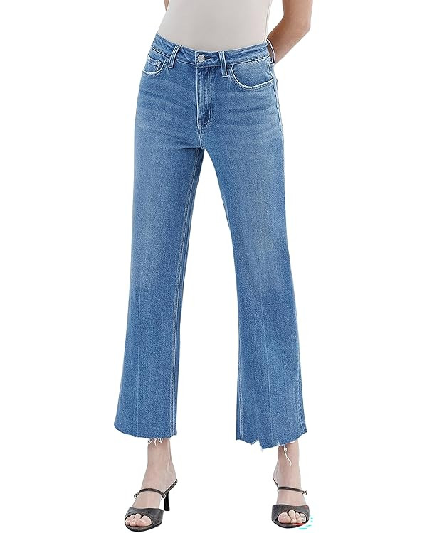 Women's High Rise Raw Hem Ankle Slim Wide Jeans | Amazon (US)