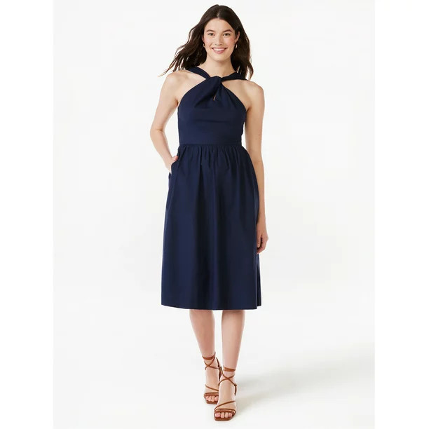 Free Assembly Women's Sleeveless Twist Knot Halter Fit and Flare Midi Dress, Sizes XS-XXL | Walmart (US)