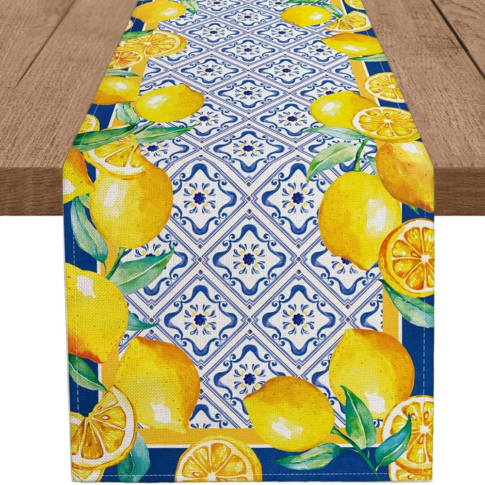 Summer Lemon Table Runner Navy Blue Tile Burlap Artificial Lemon Fruit Table Runners Farmhouse Co... | Amazon (US)