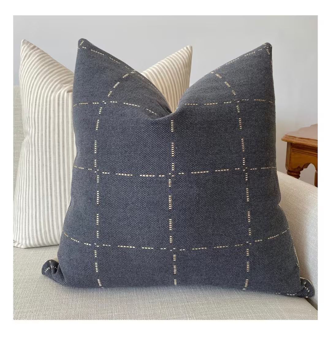 Pick Stitch Blue Pillow Cover, Textured Pillow Cover, Windowpane Pillow Cover, Designer Pillow Co... | Etsy (US)
