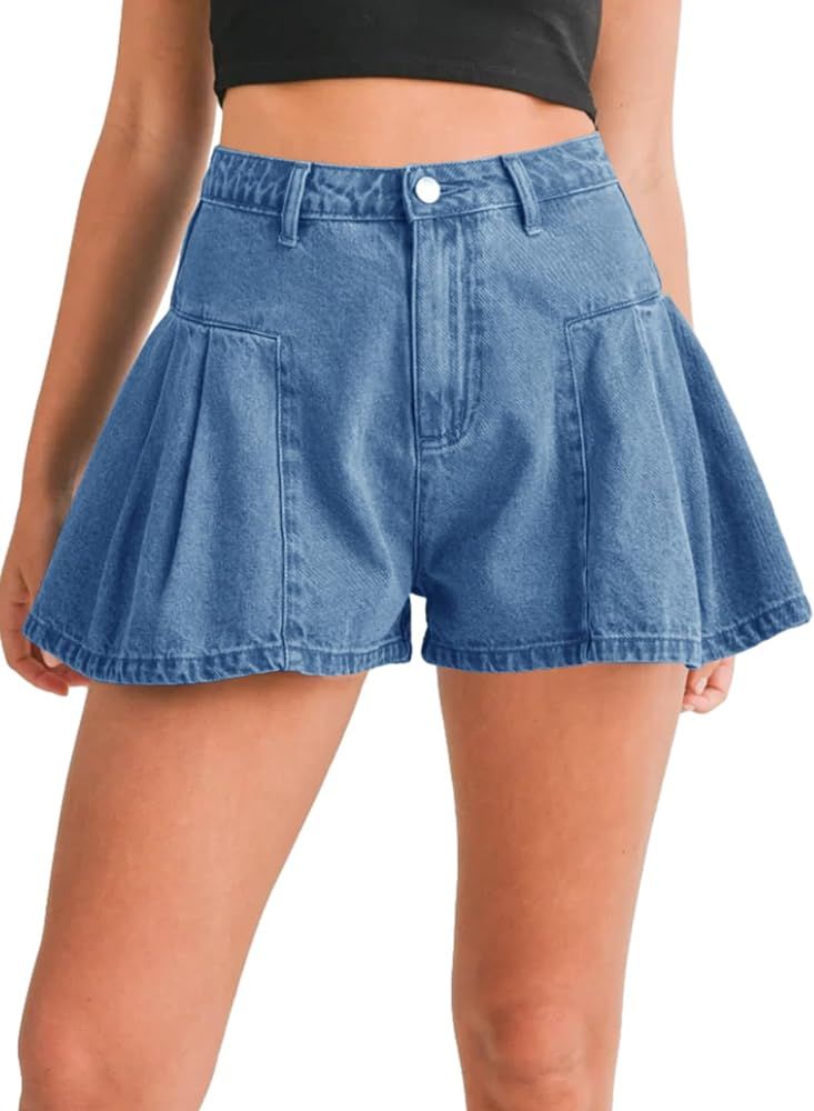 PLNOTME Womens Pleated Jean Shorts High Waisted Flare Wide Leg Summer Denim Shorts | Amazon (US)
