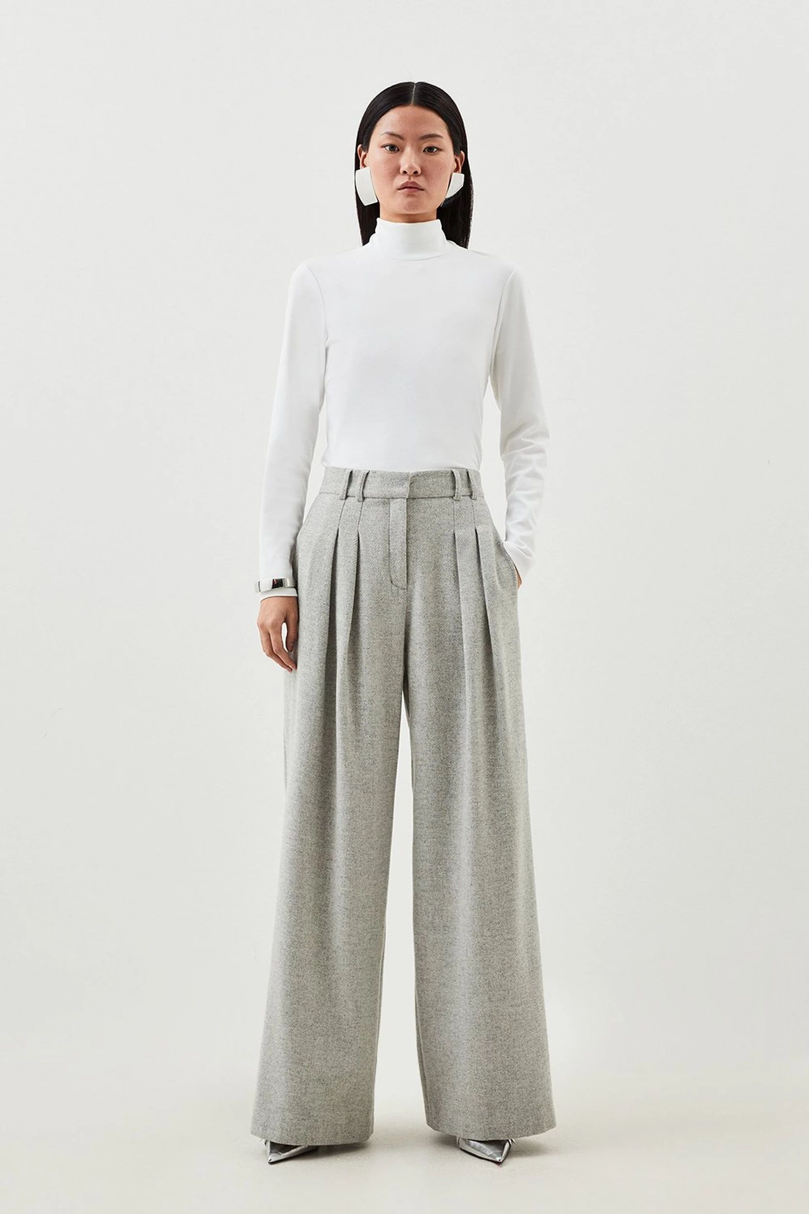 Tailored Wool Blend Double Faced Wide Leg Trousers | Karen Millen UK + IE + DE + NL