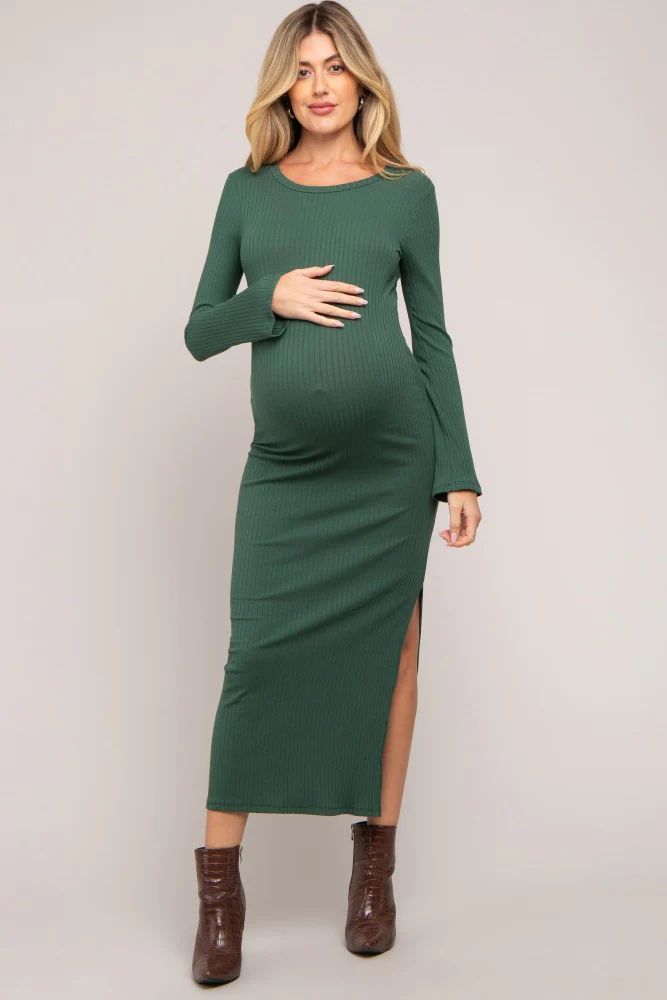 Forest Green Ribbed Side Slit Maternity Maxi Dress | PinkBlush Maternity