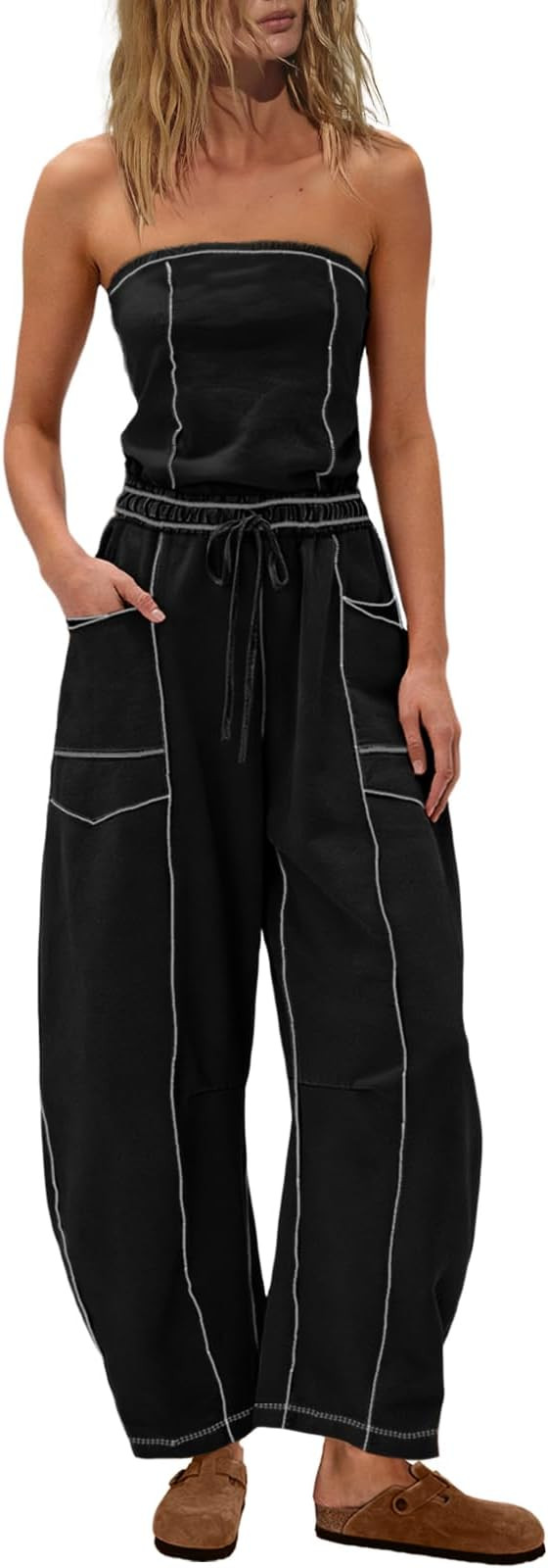 UNIANKIYA Strapless Jumpsuits for Women Casual Tube Top Romper Barrel Wide Leg One Piece Outfit w... | Amazon (US)