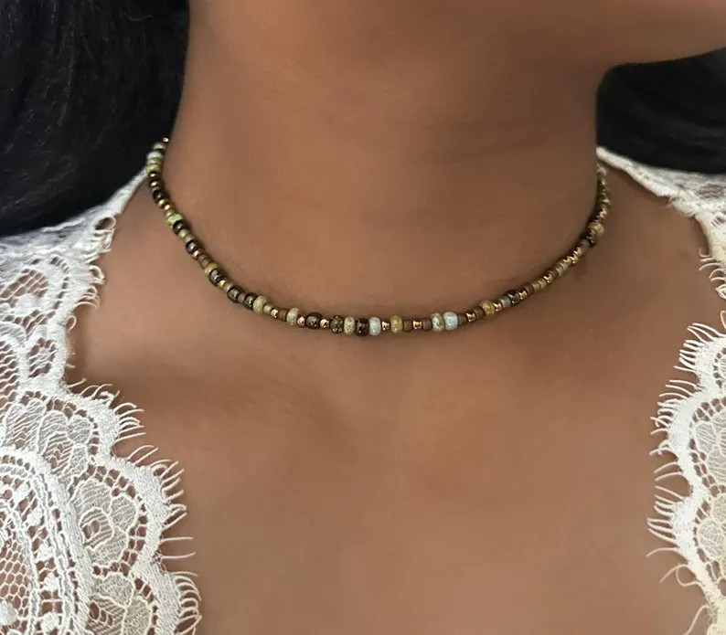 Earth Tone Necklace, Brown Beaded Necklace, Topaz Seed Necklace, Seed Bead Choker, Bronze Bead Ch... | Etsy (US)