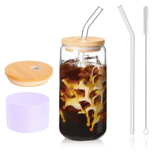 DAMCONME Glass Cup with Lid and Straw 1Pack,16oz Bamboo Straw Lid Glass Cup with Brush - Coffee, Smoothie, Beer, Juice, Matcha Aesthetic Cups(Light Purple) | Amazon (US)