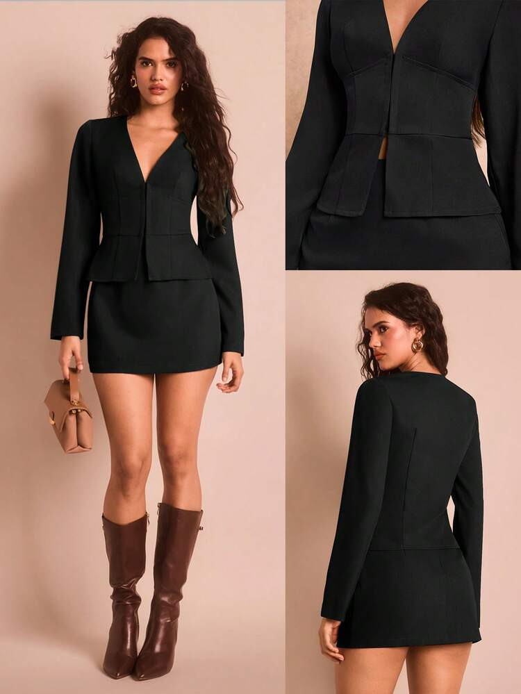 SHEIN Glamour Women's Elegant Sexy Office Lady Deep V Neck Long Sleeve Top, Mini Skirt, Suit Set, Suitable For Professional Women, Business Attire, Autumn/Winter Black Suit Women Blazer Skirt Set Blazer Dress For Women | SHEIN