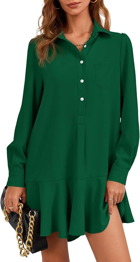 Fisoew Womens Casual Button Down Shirt Dress Long Sleeve Collared Pleated Swing Mini Dresses | Amazon (US)