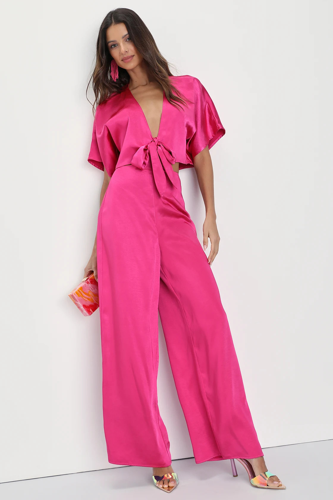 Flirt For Fun Fuchsia Tie-Front Two-Piece Wide-Leg Jumpsuit | Lulus