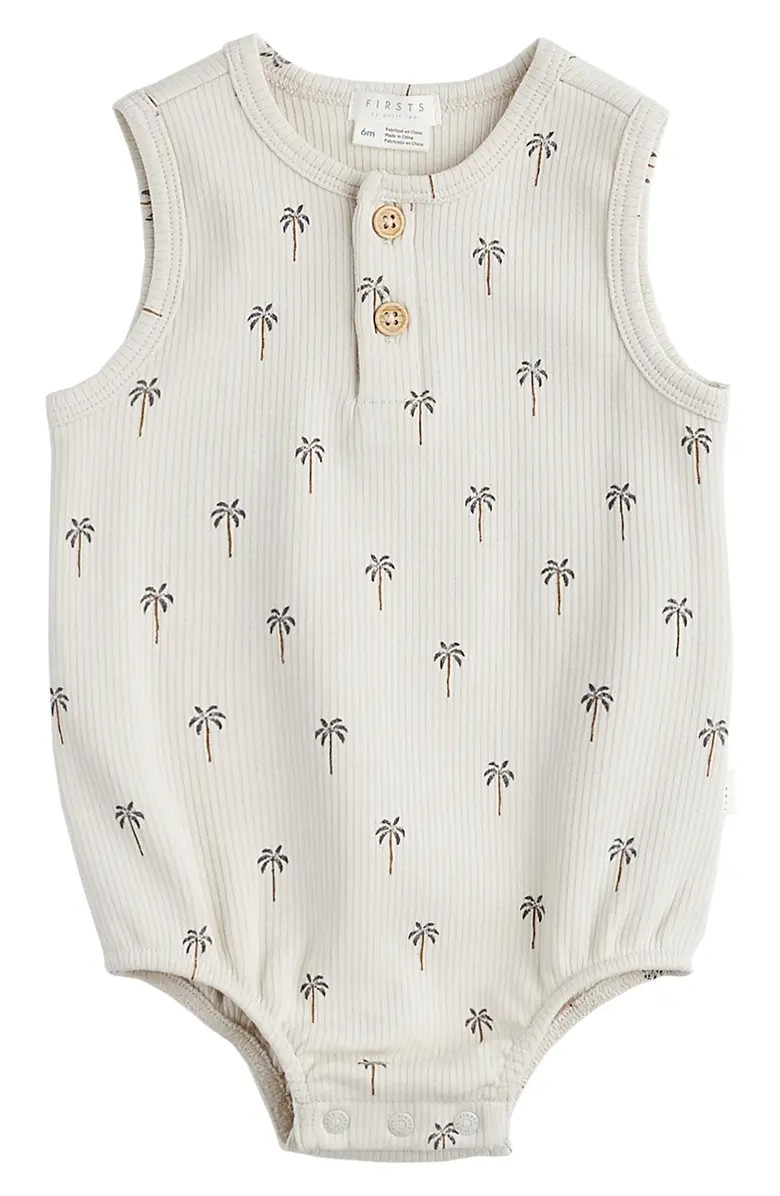 Palm Tree Print Rib Henley Romper | Nordstrom