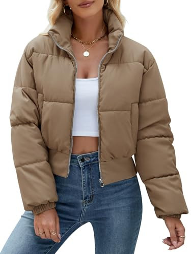 Ogfao Womens Cropped Puffer Jackets Puffy Quilted Short Winter Crop Jackets For Women Trendy with Pockets Dark Khaki L-NEW | Amazon (US)