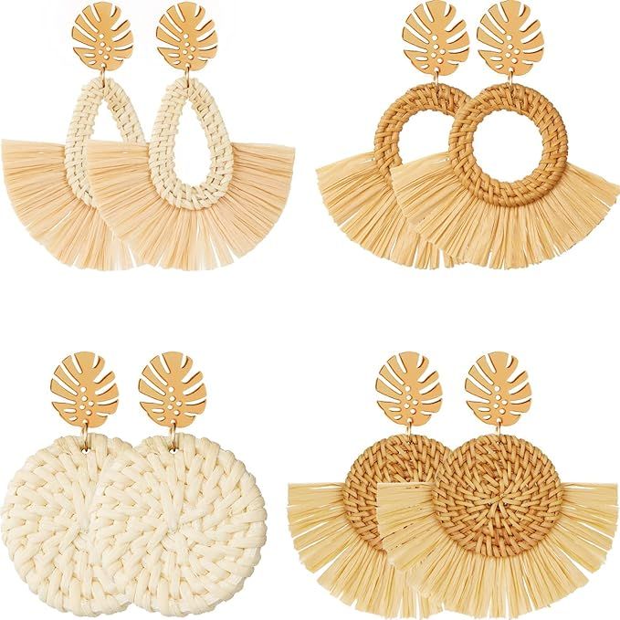 4 Pairs Rattan Earrings Lightweight Geometric Statement Tassel Woven Bohemian Earrings Handmade S... | Amazon (US)