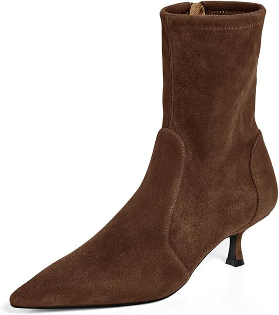 Coutgo Womens Low Kitten Heel Ankle Boots Pointed Toe Booties Side Zipper Fall Shoes | Amazon (US)