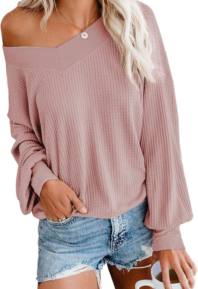 Women’s V Neck Long Sleeve Waffle Knit Tops Off Shoulder Pullover Sweater | Amazon (US)
